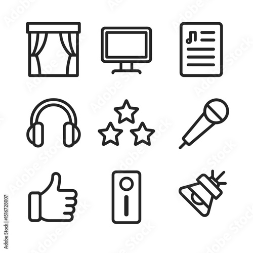 Karaoke Festival Icons. Outline icon set of karaoke festival booths: booth curtain, karaoke monitor, song list, headphone icon,