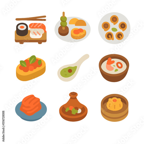 Global Cuisine Icons. Flat icon set of international tasting courses: sushi sampler, tapas plate, French