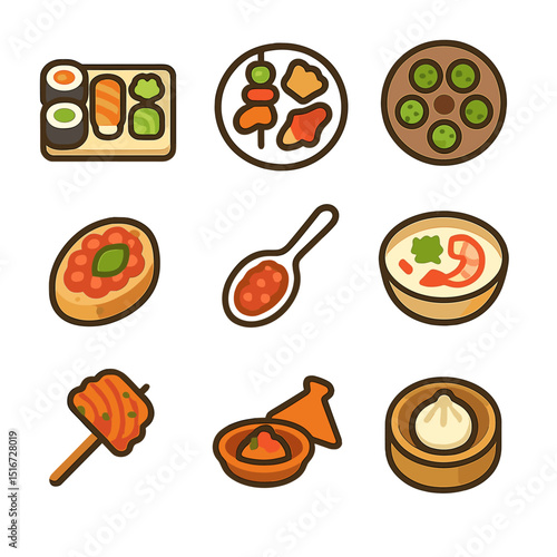 Global Cuisine Icons. Flat icon set of international tasting courses: sushi sampler, tapas plate, French