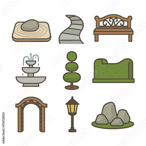 Landscape Architecture Icons. Flat icon set of landscape architecture art: zen garden, curved pathway,