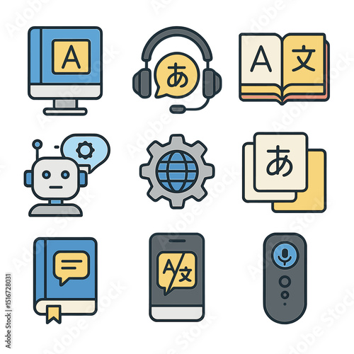 Language Support Icons. Flat icon set of language support tools: online dictionary, translator headphones,