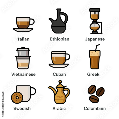 Global Coffee Icons. Flat icon set of global coffee culture: Italian espresso, Ethiopian jebena, Japanese