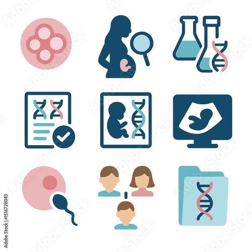 Genetic Testing Icons. Flat icon set of reproductive genetic testing: embryo cell, prenatal screening icon,