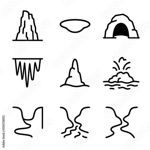 Karst Landscape Icons. Outline icon set of karst landscape features: limestone tower, sinkhole depression, doline outline, cave
