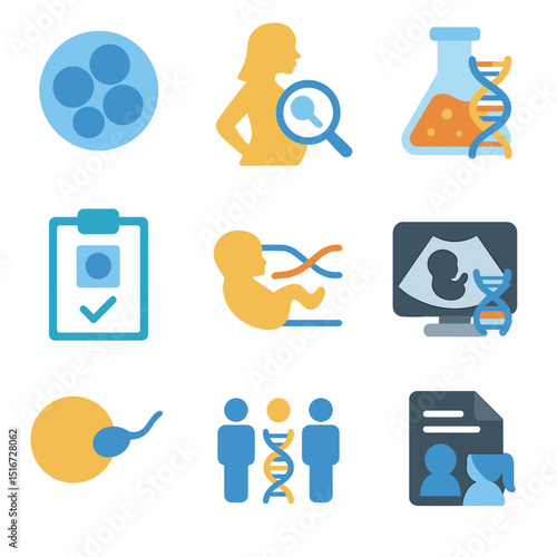 Genetic Testing Icons. Flat icon set of reproductive genetic testing: embryo cell, prenatal screening icon,