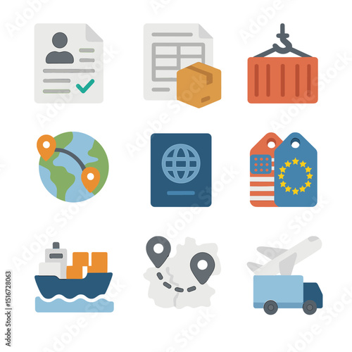 Global Delivery Icons. Flat icon set of international delivery drivers: customs form, cargo manifest, shipping