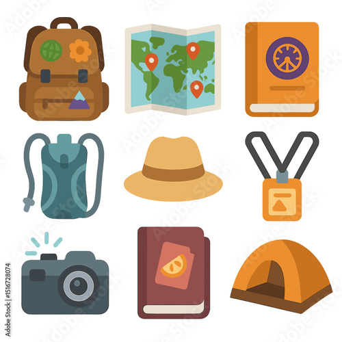 Global Festival Travel Icons. Flat icon set of global festival travel gear: backpack with badges, world map