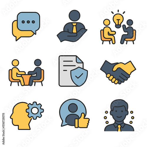 Leadership Icon Set. Flat icon set of leadership and support: open communication bubble, manager support icon,