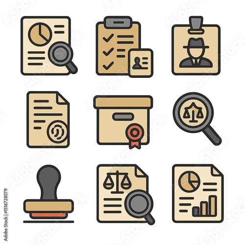Legal Audit Icons. Flat icon set of legal audits and investigations: audit report, checklist clipboard,