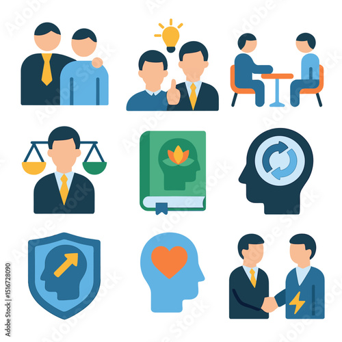 Leadership Wellness Icons. Flat icon set of leadership mental wellness: manager support icon, leadership