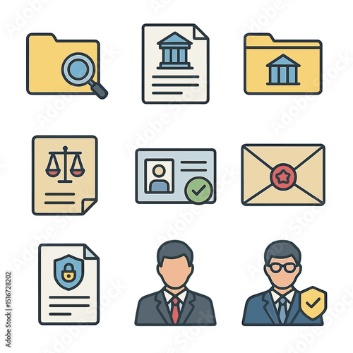 Government Task Icons. Flat icon set of government agency legal tasks: audit folder, tax document, regulatory