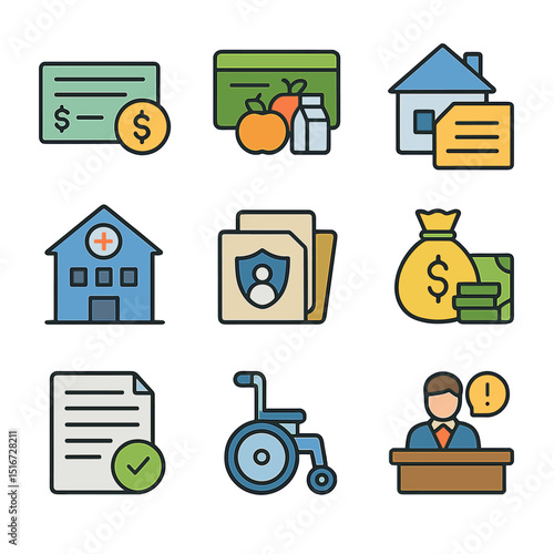 Government Welfare Icons. Flat icon set of government welfare programs: unemployment check, food assistance