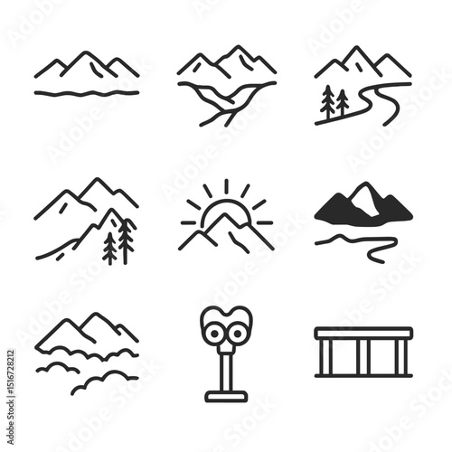 Mountain Vista Icons. Outline icon set of scenic mountain vistas: panoramic view, valley below, winding river, forested slope,