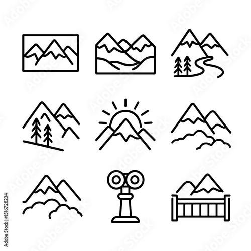 Mountain Vista Icons. Outline icon set of scenic mountain vistas: panoramic view, valley below, winding river, forested slope,
