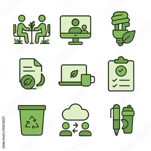 Green Startup Icons. Flat icon set of green startup operations: coworking space with plants, virtual meeting