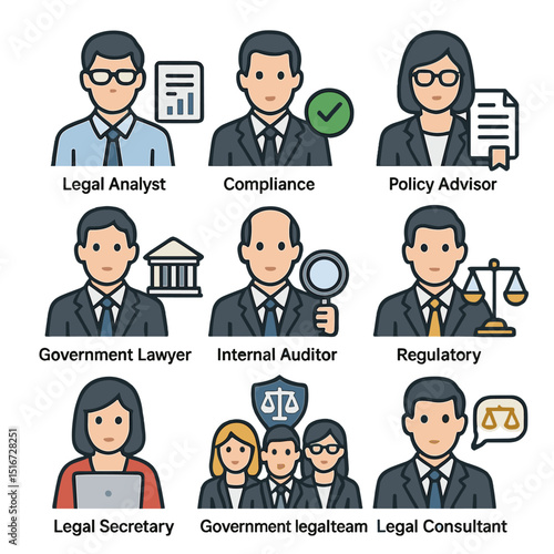 Legal Professionals Icons. Flat icon set of legal professionals in agencies: legal analyst, compliance manager
