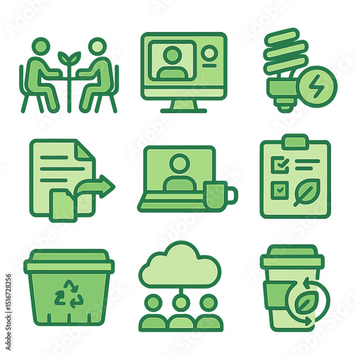 Green Startup Icons. Flat icon set of green startup operations: coworking space with plants, virtual meeting