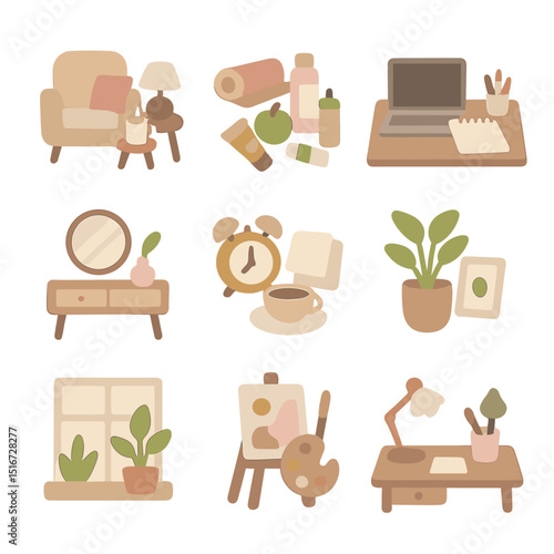 Lifestyle Icon Set. Flat icon set of lifestyle stock photo concepts: cozy home scene, health & wellness flat