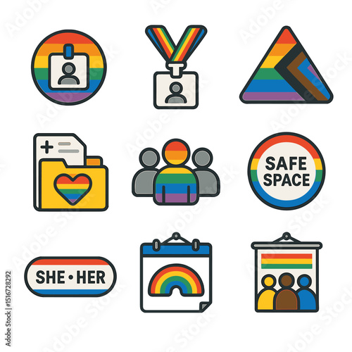 LGBTQ+ Inclusion Icons. Flat icon set of LGBTQ+ inclusion at work: pride badge, rainbow lanyard, ally symbol,
