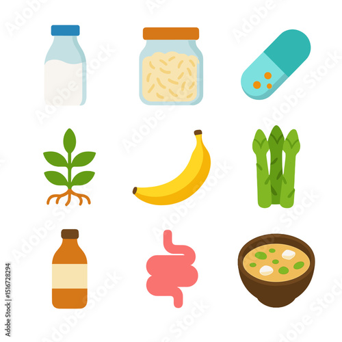 Gut Health Food Icons. Flat icon set of gut health foods: kefir, sauerkraut jar, probiotic capsule, prebiotic