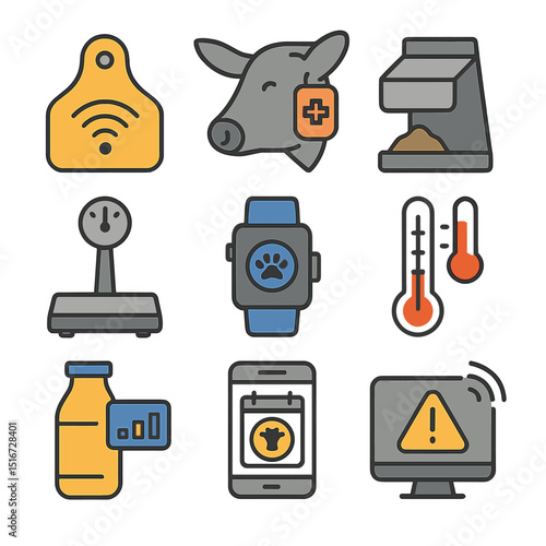 Livestock Monitoring Icons. Flat icon set of livestock monitoring systems: RFID ear tag, health monitoring