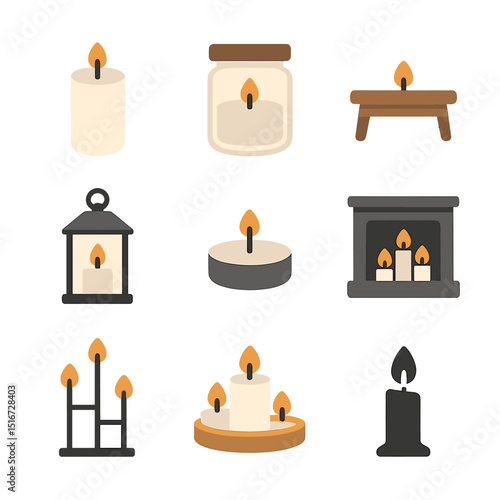 Living Room Candle Icons. Flat icon set of adding candles to the living room décor: pillar candle, scented
