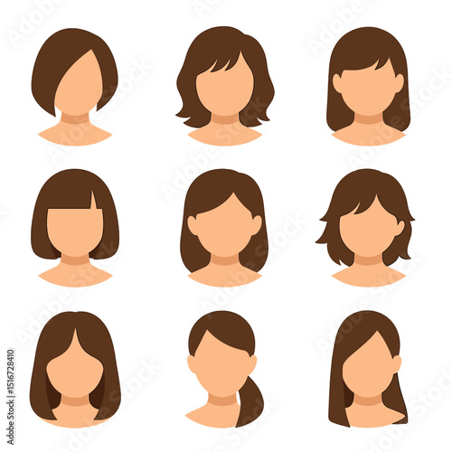 Haircut Style Icons. Flat icon set of women’s haircut styles post-comb: angled bob, layered waves, pixie crop,