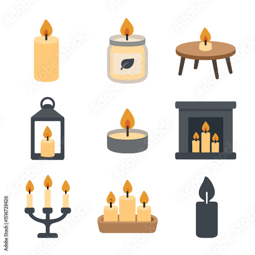 Living Room Candle Icons. Flat icon set of adding candles to the living room décor: pillar candle, scented