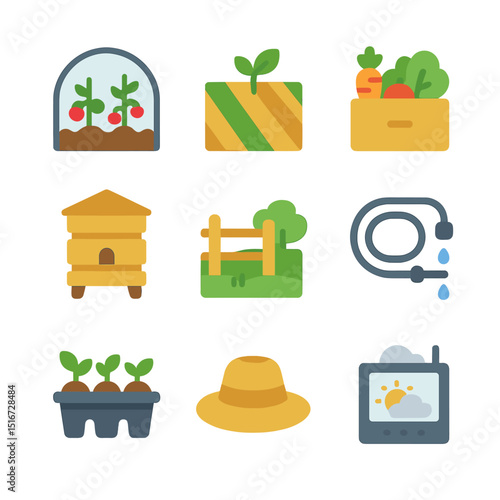 Local Farming Icons. Flat icon set of local farming practices: greenhouse crop, crop rotation field, community