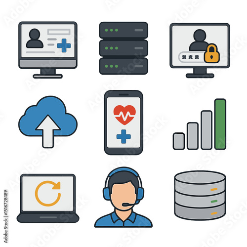 Healthcare IT Icon Set. Flat icon set of healthcare IT systems: EHR screen, server rack, secure login, cloud
