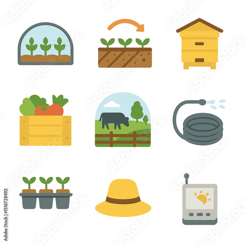 Local Farming Icons. Flat icon set of local farming practices: greenhouse crop, crop rotation field, community
