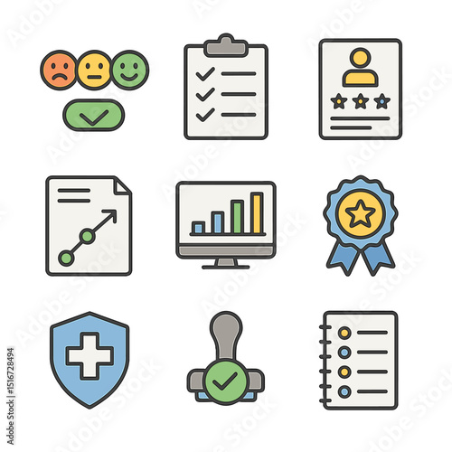 Healthcare Quality Icons. Flat icon set of quality control in healthcare: satisfaction rating, review