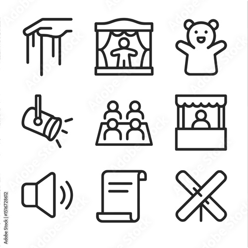 Puppetry Icons Set. Outline icon set of puppeteer street performances: marionette strings, puppet stage, hand puppet, control