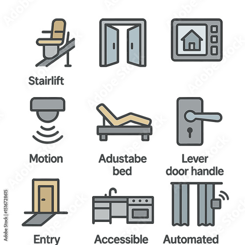 Home Accessibility Icons. Flat icon set of home accessibility features: stairlift rail, widened hallway, smart