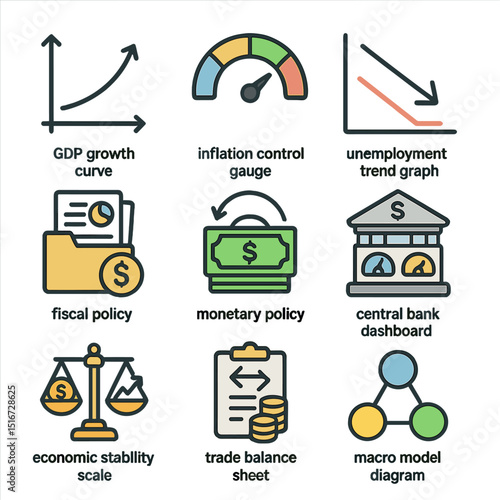 Macroeconomic Icons Grid. Flat icon set of macroeconomic efficiency: GDP growth curve, inflation control gauge