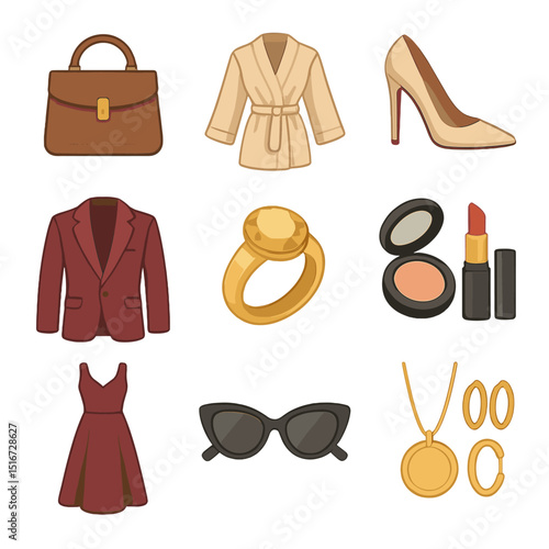 Luxury Fashion Icons. Flat icon set of luxury fashion for influencers: designer handbag, silk robe, high-end