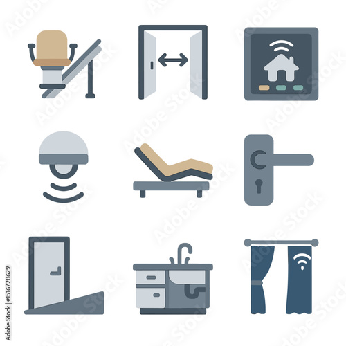 Home Accessibility Icons. Flat icon set of home accessibility features: stairlift rail, widened hallway, smart
