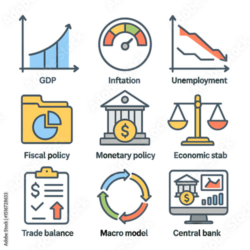 Macroeconomic Icons Grid. Flat icon set of macroeconomic efficiency: GDP growth curve, inflation control gauge