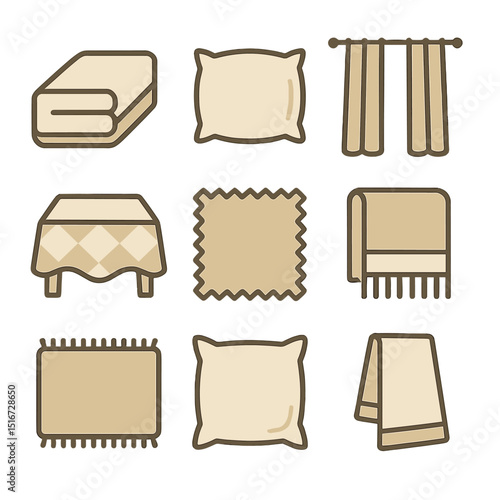 Home Textile Icons. Flat icon set of home textiles and fabrics: bed sheet, pillowcase, window curtain,