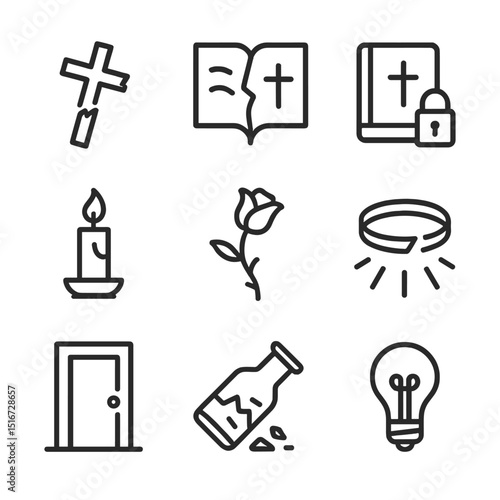 Redemption Denied Icons. Outline icon set of redemption denied: broken cross, torn hymn book, locked bible, extinguished candle,