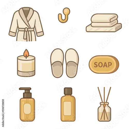 Luxury Bathroom Icons. Flat icon set of luxury bathroom items: soft robe, gold hook, plush towel, marble shelf