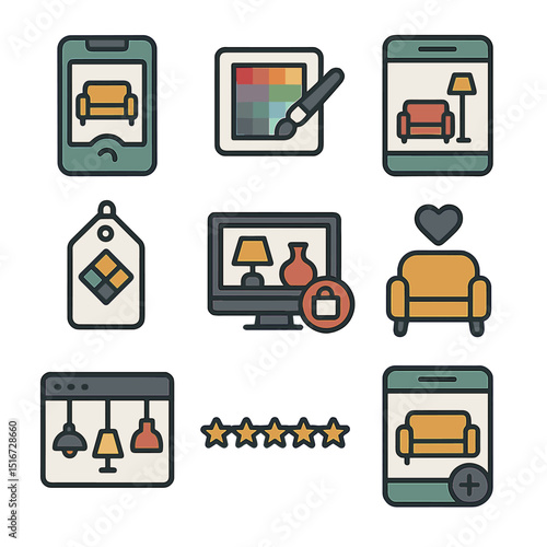 Home Decor Icons. Flat icon set of home decor shopping apps: sofa preview, color picker icon, room mockup