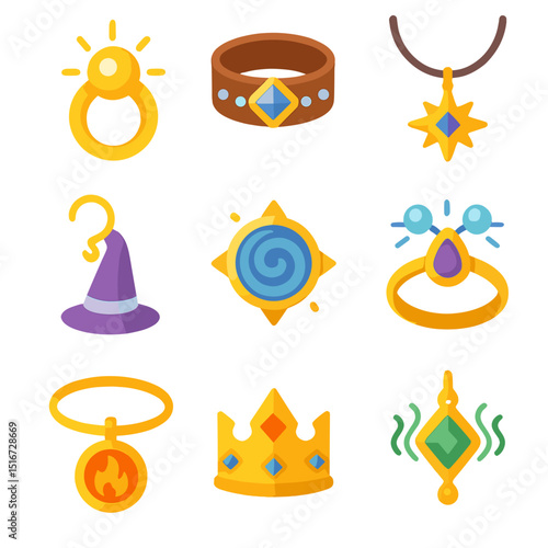 Magical Jewelry Icons. Flat icon set of magical jewelry: glowing ring, protective bracelet, charm necklace,