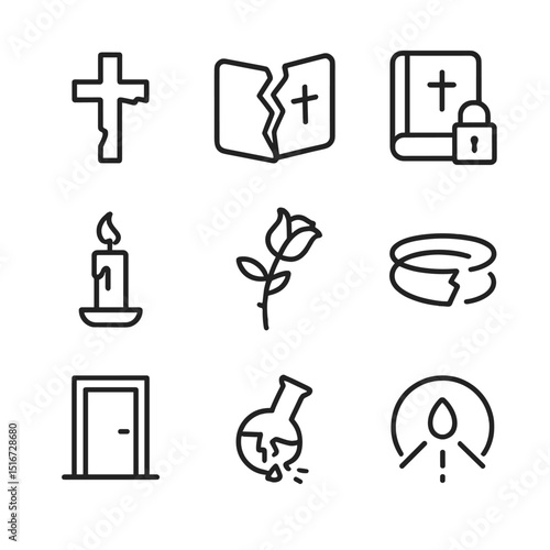 Redemption Denied Icons. Outline icon set of redemption denied: broken cross, torn hymn book, locked bible, extinguished candle,