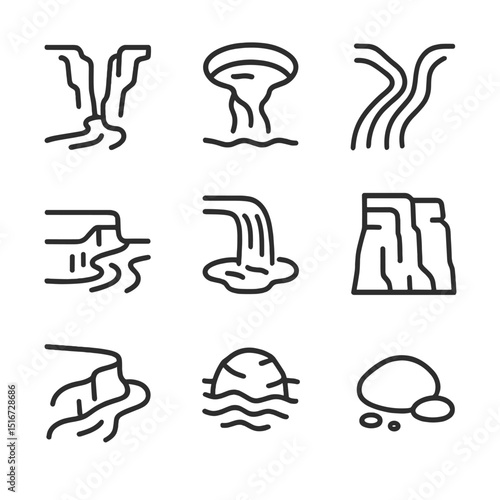 River Rock Icon Set. Outline icon set of river-eroded rock features: river gorge, pothole basin, water-eroded groove, fluvial