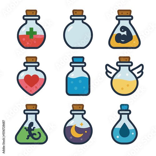 Magical Potion Icons. Flat icon set of magical potions and elixirs: healing vial, invisibility potion,