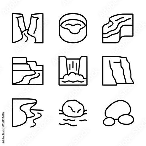 River Rock Icon Set. Outline icon set of river-eroded rock features: river gorge, pothole basin, water-eroded groove, fluvial