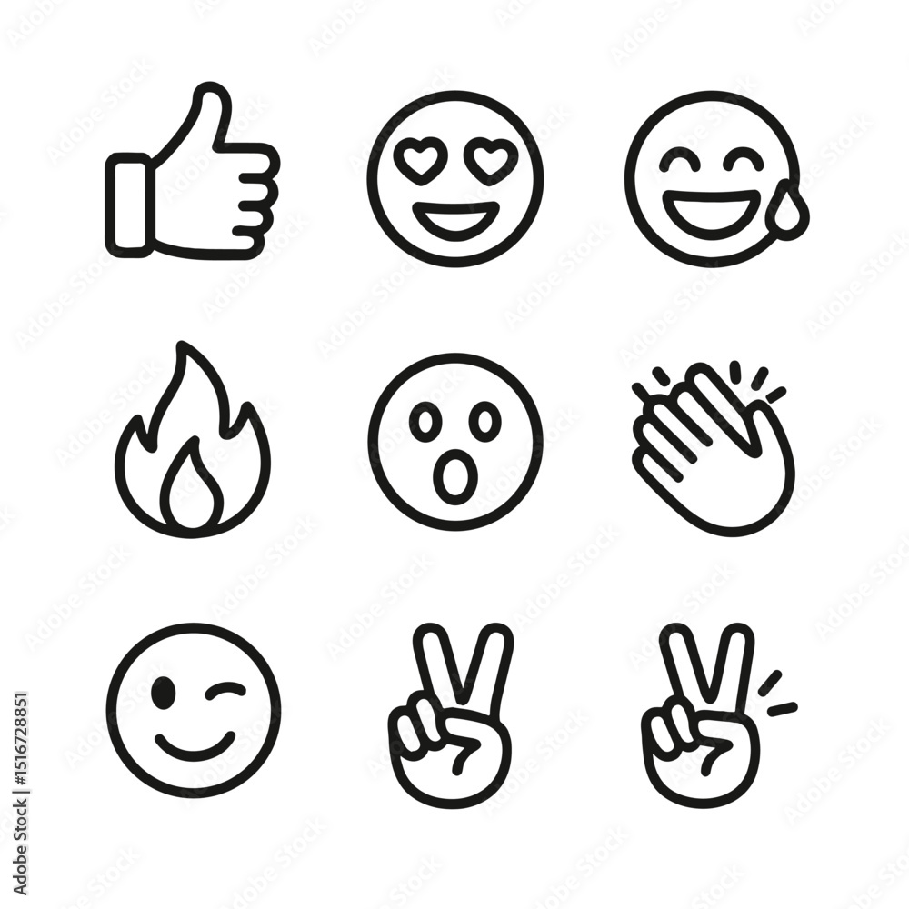 Fototapeta premium Selfie Reaction Icons. Outline icon set of selfie reaction icons: like thumbs-up, heart eyes, laugh-tear face, fire flame,