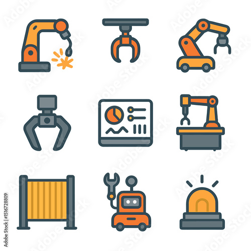 Manufacturing Robotics Icons. Flat icon set of robotics in manufacturing: welding robot, robotic claw, factory