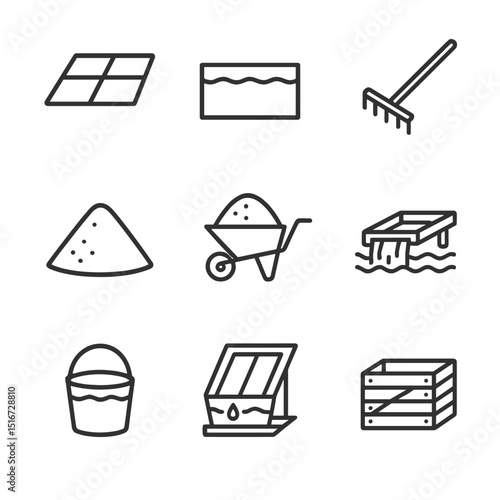 Sea Salt Icon Set. Outline icon set of sea salt harvesting: salt pans, evaporation pond, wooden rake, salt mound, harvesting